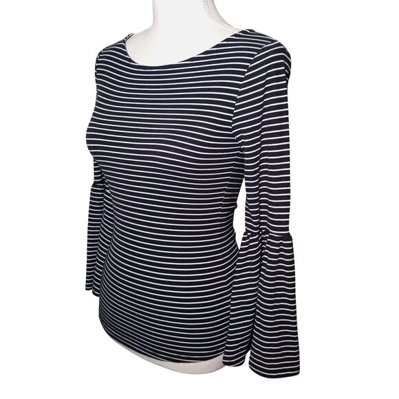 Frame Boatneck Bell Sleeve Striped Top Modal Navy Blue White Women's XS Nautical - Picture 4 of 12
